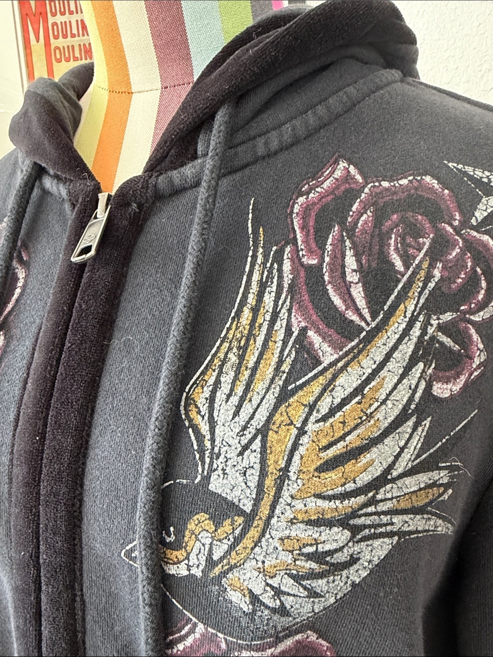 Harley Davidson Zip Up Hoodie Rose Sparrow Eagle Velvet Trim Sweatshirt Heavy - Picture 5 of 11